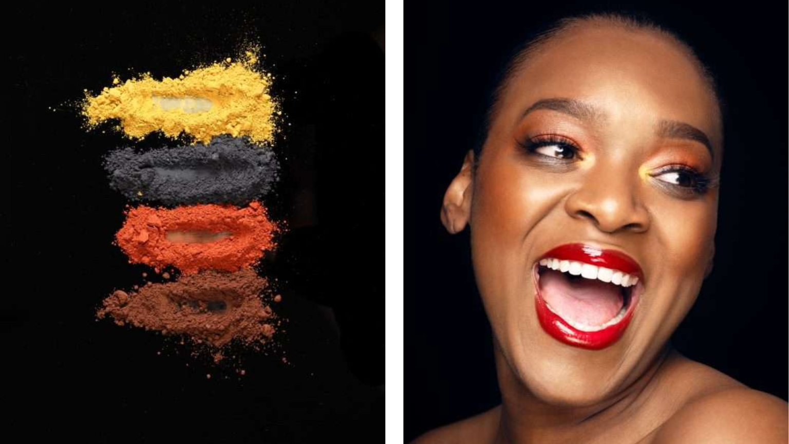 On the left some of the pigments used to create the foundations can be seen. On the right a woman wearing the foundation.